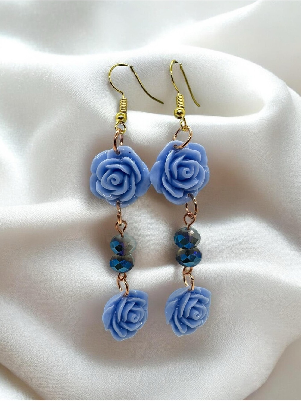 Blue Rose Dangle Earrings with Crystal Beads & Gold Tone Hooks